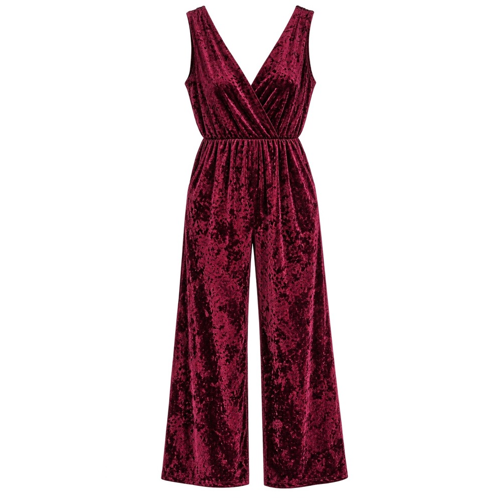 Women's Burgundy Crushed Velvet Wide Leg Jumpsuit Medium Whimsigoth